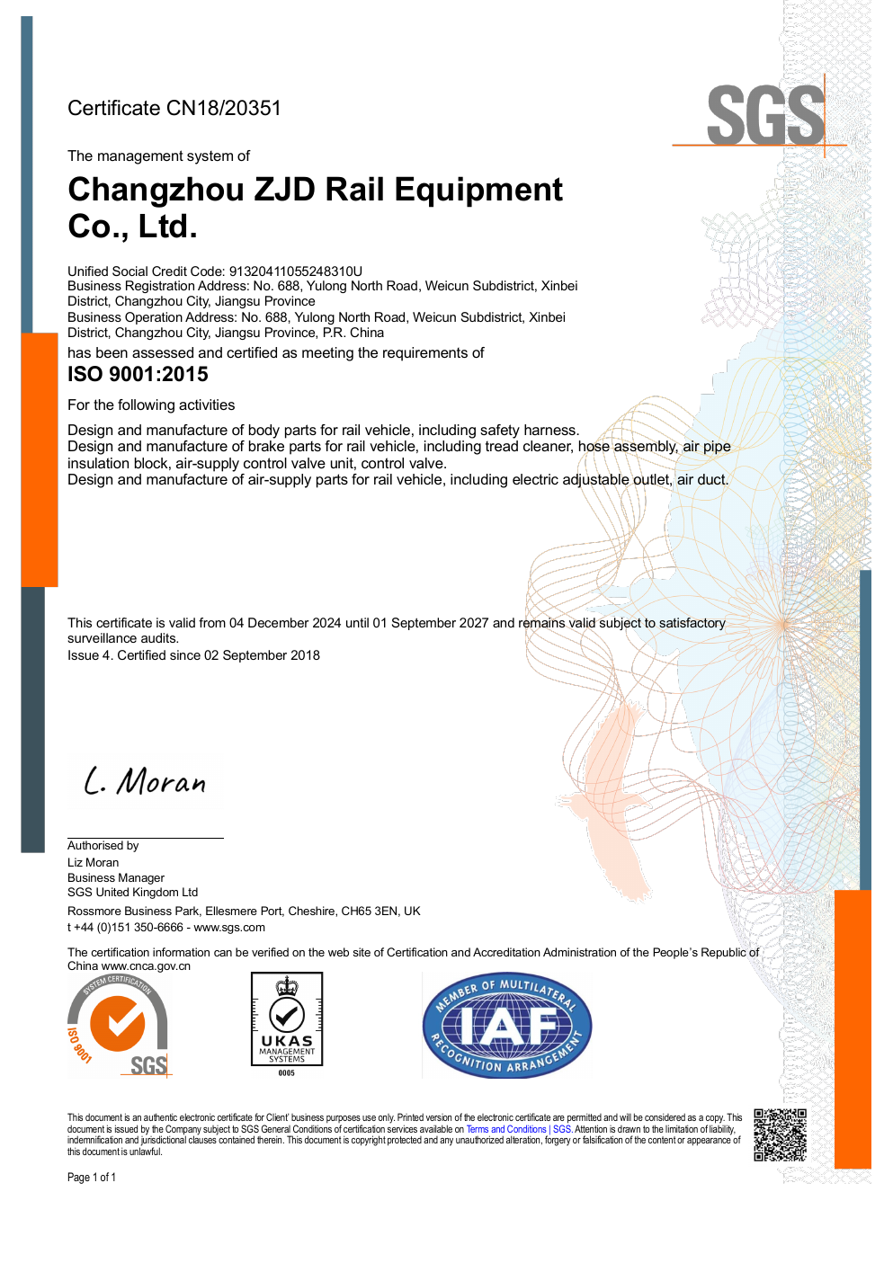 ISO 9001:2015 certificate issued to Changzhou ZJD Rail Equipment Co., Ltd.