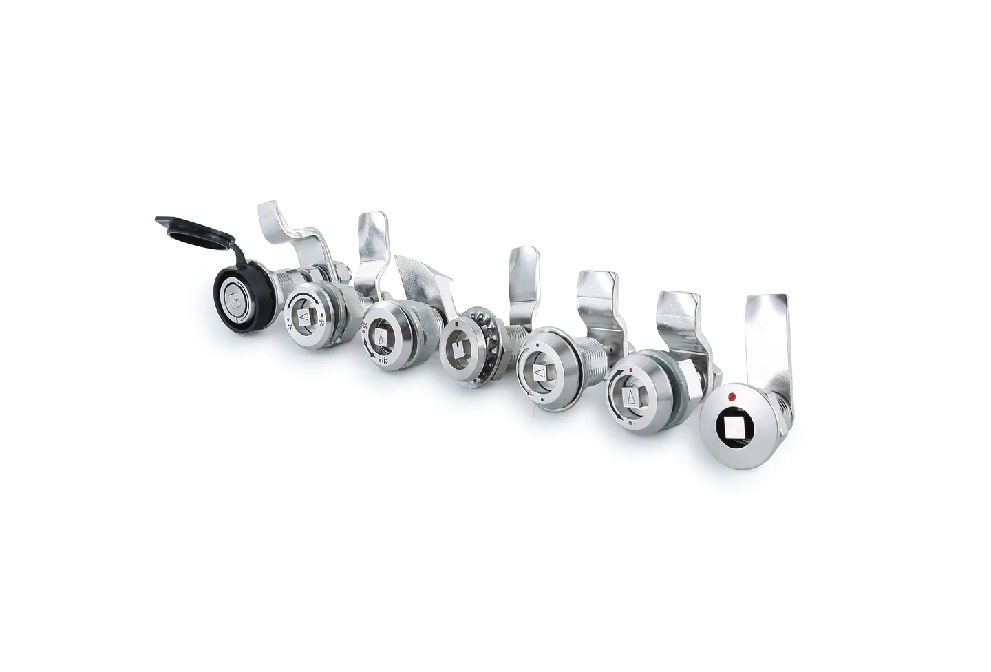 Industrial cam locks with metal lock heads and rear locking cams