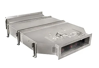 Large fabricated metal air duct with rectangular flange and mounting features
