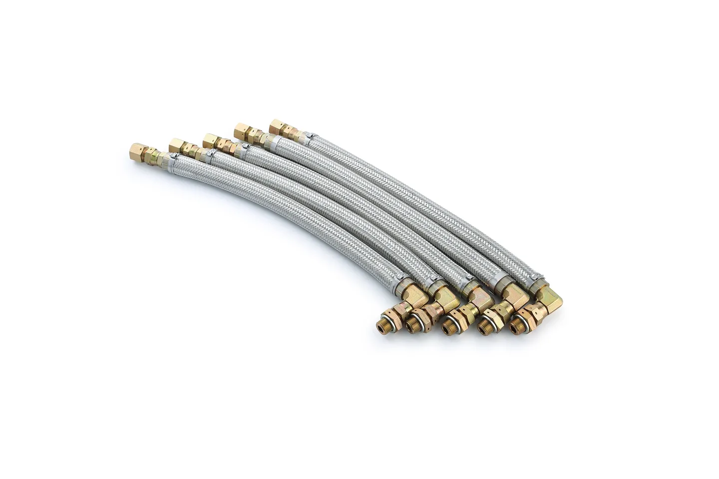 Metal-braided hose assemblies with angled metal end fittings